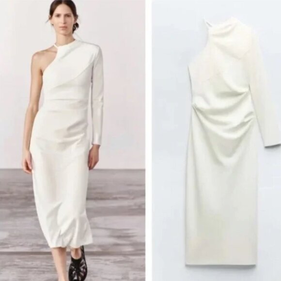 Zara Ecru Asymmetrical Choker Dress NWT - Picture 2 of 11